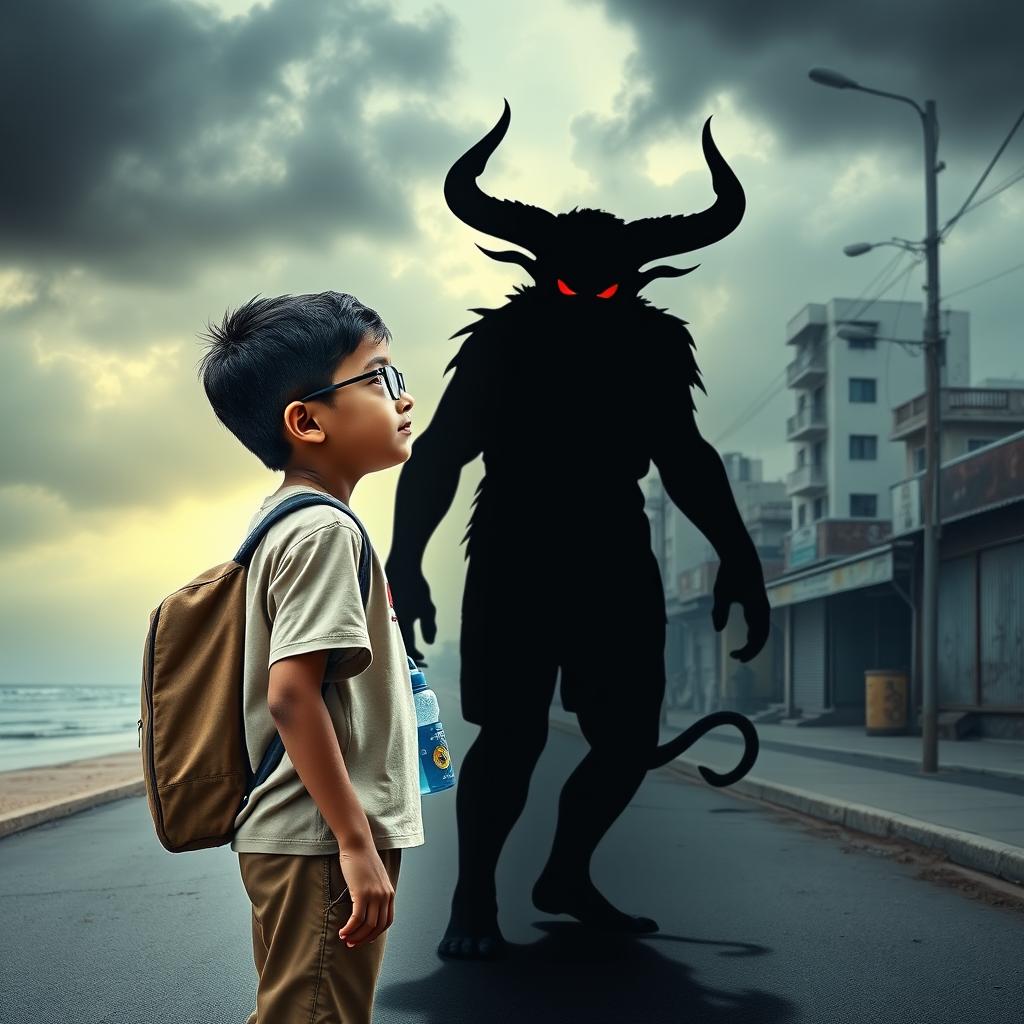 A cinematic action horror fantasy comedy film poster featuring a bespectacled young Indian boy, simple and unassuming, dressed in a plain color T-shirt and pants, with a school bag on his back and a small children's water bottle hanging around his neck