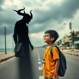 A cinematic action horror fantasy comedy film poster featuring a bespectacled young Indian boy, simple and unassuming, dressed in a plain color T-shirt and pants, with a school bag on his back and a small children's water bottle hanging around his neck