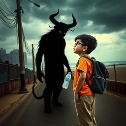 A cinematic action horror fantasy comedy film poster featuring a bespectacled young Indian boy, simple and unassuming, dressed in a plain color T-shirt and pants, with a school bag on his back and a small children's water bottle hanging around his neck