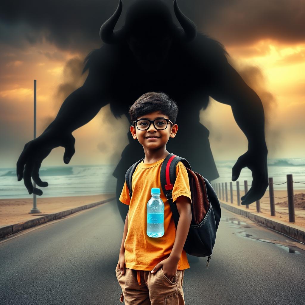 A cinematic action horror fantasy comedy film poster featuring a bespectacled young Indian boy, simple and unassuming, wearing a plain color T-shirt and pants