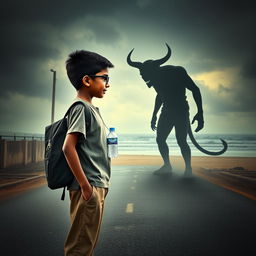 A cinematic action horror fantasy comedy film poster featuring a bespectacled young Indian boy, simple and unassuming, wearing a plain color T-shirt and pants