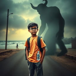 A cinematic action horror fantasy comedy film poster featuring a bespectacled young Indian boy, simple and unassuming, wearing a plain color T-shirt and pants