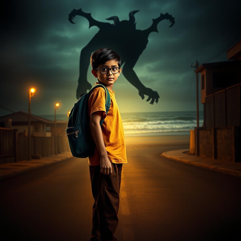 A cinematic action horror fantasy comedy film poster featuring a bespectacled young Indian boy with a simple and unassuming demeanor, dressed in a plain color t-shirt and pants, wearing a school bag on his back