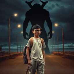 A cinematic action horror fantasy comedy film poster featuring a bespectacled young Indian boy with a simple and unassuming demeanor, dressed in a plain color t-shirt and pants, wearing a school bag on his back