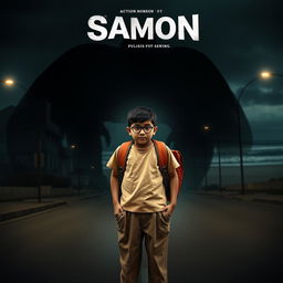 A cinematic action horror fantasy comedy film poster featuring a bespectacled young Indian boy with a simple and unassuming demeanor, dressed in a plain color t-shirt and pants, wearing a school bag on his back