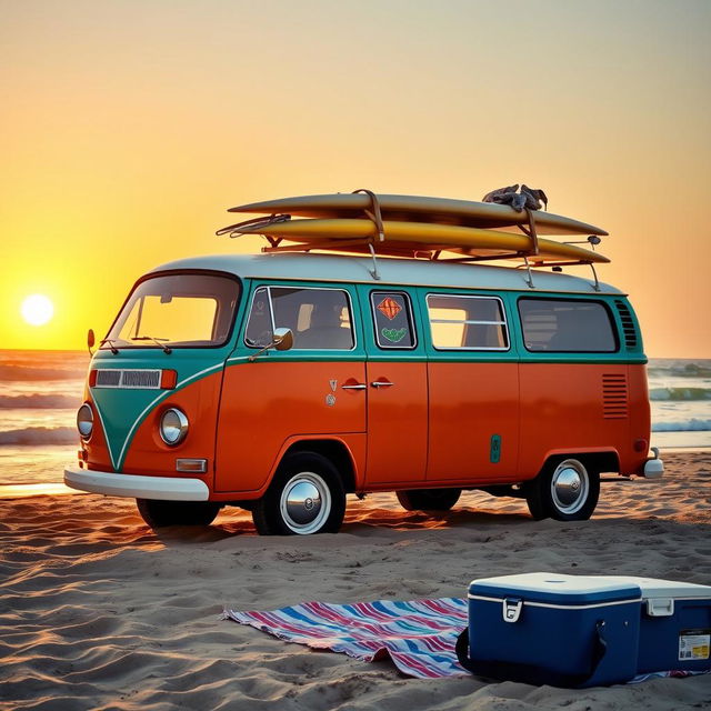 A vintage Volkswagen van, beautifully restored and painted in bright, playful colors, parked on a sandy beach