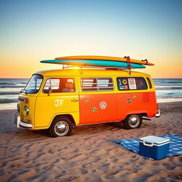 A vintage Volkswagen van, beautifully restored and painted in bright, playful colors, parked on a sandy beach