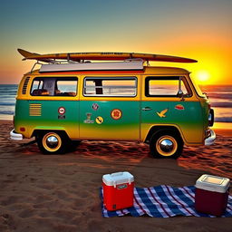 A vintage Volkswagen van, beautifully restored and painted in bright, playful colors, parked on a sandy beach