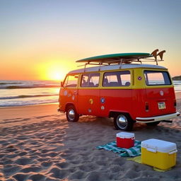 A vintage Volkswagen van, beautifully restored and painted in bright, playful colors, parked on a sandy beach