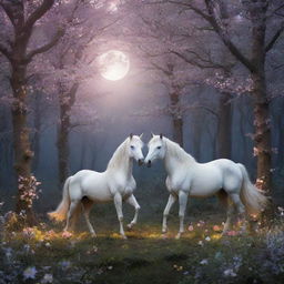 A magical forest at twilight with ethereal creatures like unicorns, fairies, and glowing flowers. The full moon shines bright, casting a soft, dreamy light.