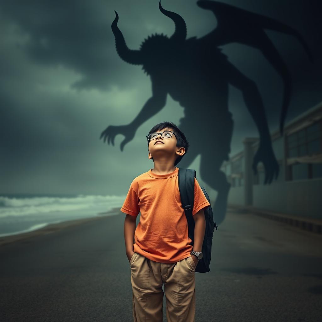 A cinematic action horror fantasy comedy film poster featuring a bespectacled young Indian boy, simple and unassuming, wearing a plain color t-shirt and pants, with a school bag slung over his shoulder