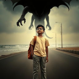 A cinematic action horror fantasy comedy film poster featuring a bespectacled young Indian boy, simple and unassuming, wearing a plain color t-shirt and pants, with a school bag slung over his shoulder