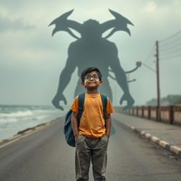 A cinematic action horror fantasy comedy film poster featuring a bespectacled young Indian boy, simple and unassuming, wearing a plain color t-shirt and pants, with a school bag slung over his shoulder