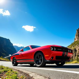 A powerful Dodge muscle car, specifically a Dodge Charger, depicted in a bold red color with black racing stripes running along the sides