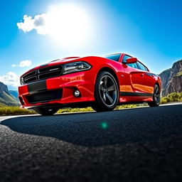 A powerful Dodge muscle car, specifically a Dodge Charger, depicted in a bold red color with black racing stripes running along the sides