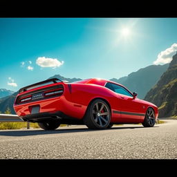 A powerful Dodge muscle car, specifically a Dodge Charger, depicted in a bold red color with black racing stripes running along the sides