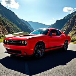 A powerful Dodge muscle car, specifically a Dodge Charger, depicted in a bold red color with black racing stripes running along the sides