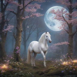 A magical forest at twilight with ethereal creatures like unicorns, fairies, and glowing flowers. The full moon shines bright, casting a soft, dreamy light.