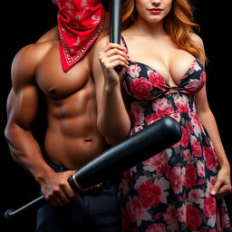 A close-up torso shot featuring two characters: a muscular African American man wearing a red bandana mask over his face, holding a large black baseball bat positioned low