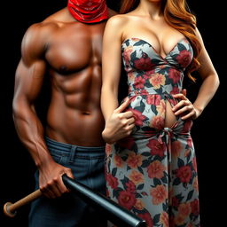 A close-up torso shot featuring two characters: a muscular African American man wearing a red bandana mask over his face, holding a large black baseball bat positioned low