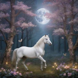 A magical forest at twilight with ethereal creatures like unicorns, fairies, and glowing flowers. The full moon shines bright, casting a soft, dreamy light.