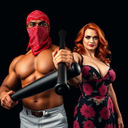 A dynamic close-up shot featuring two characters from the chest up against a striking black background