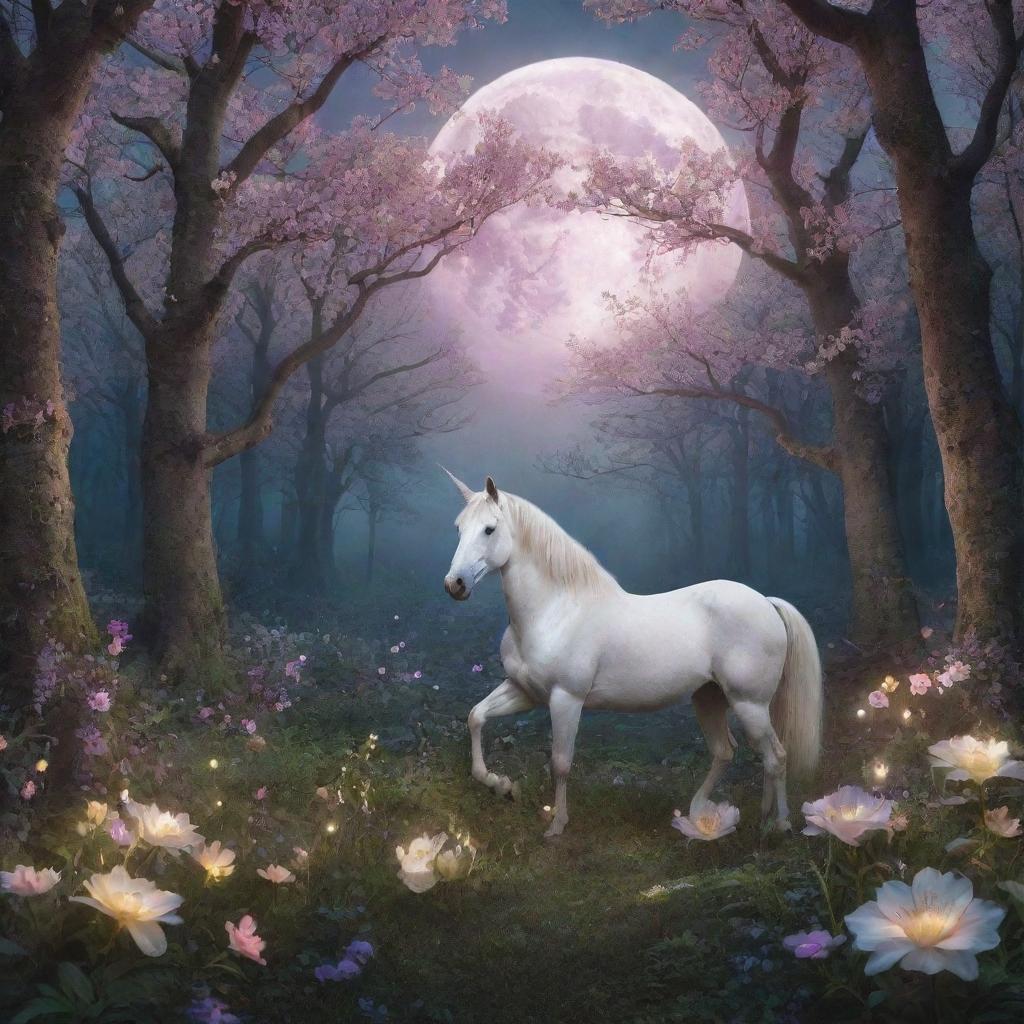 A magical forest at twilight with ethereal creatures like unicorns, fairies, and glowing flowers. The full moon shines bright, casting a soft, dreamy light.