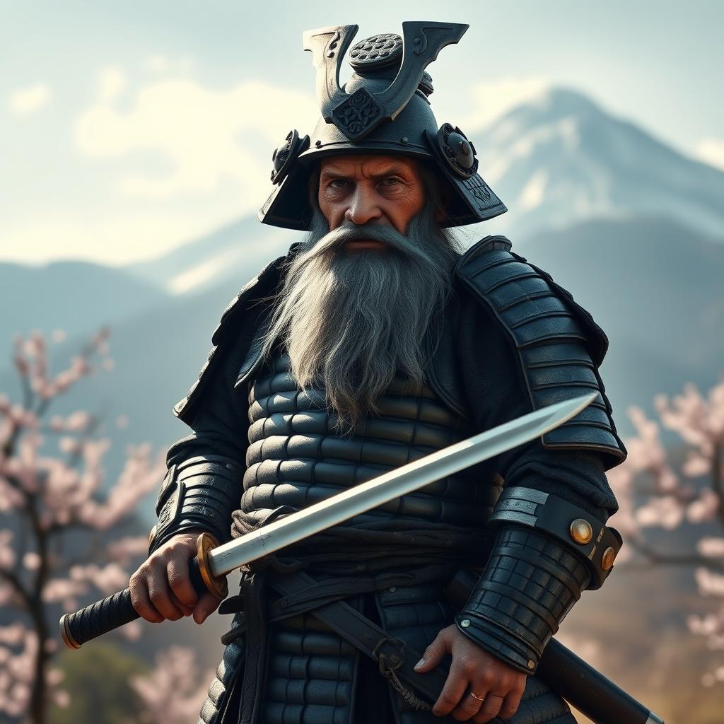 An old, skinny dwarf samurai standing proudly in traditional samurai armor, with intricate detailing and a weathered look that tells a story of battles fought