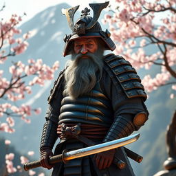 An old, skinny dwarf samurai standing proudly in traditional samurai armor, with intricate detailing and a weathered look that tells a story of battles fought