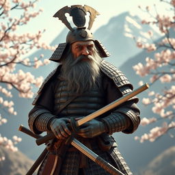 An old, skinny dwarf samurai standing proudly in traditional samurai armor, with intricate detailing and a weathered look that tells a story of battles fought