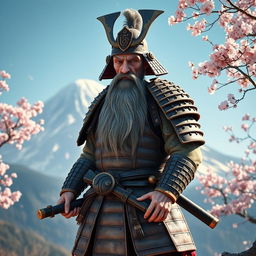 An old, skinny dwarf samurai standing proudly in traditional samurai armor, with intricate detailing and a weathered look that tells a story of battles fought