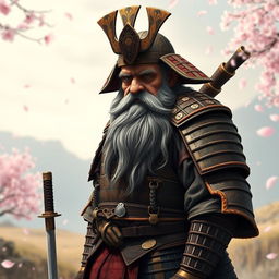 An old, blind dwarf samurai standing stoically in traditional samurai armor, featuring intricate designs and an aged, battle-worn appearance