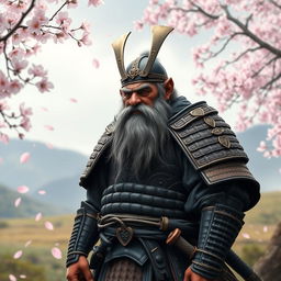 An old, blind dwarf samurai standing stoically in traditional samurai armor, featuring intricate designs and an aged, battle-worn appearance