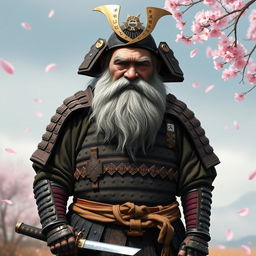 An old, blind dwarf samurai standing stoically in traditional samurai armor, featuring intricate designs and an aged, battle-worn appearance