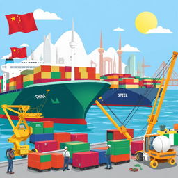 A vibrant and creative illustration depicting the shipment of building materials from China to Nigeria