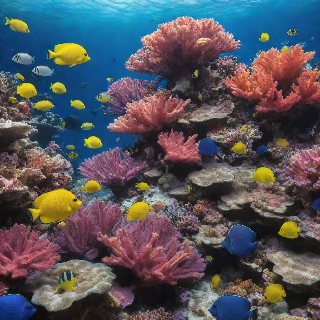 Create an image of a vibrant coral reef full of a variety of colorful tropical fish, showcasing the biodiversity of underwater ocean life in full bloom.