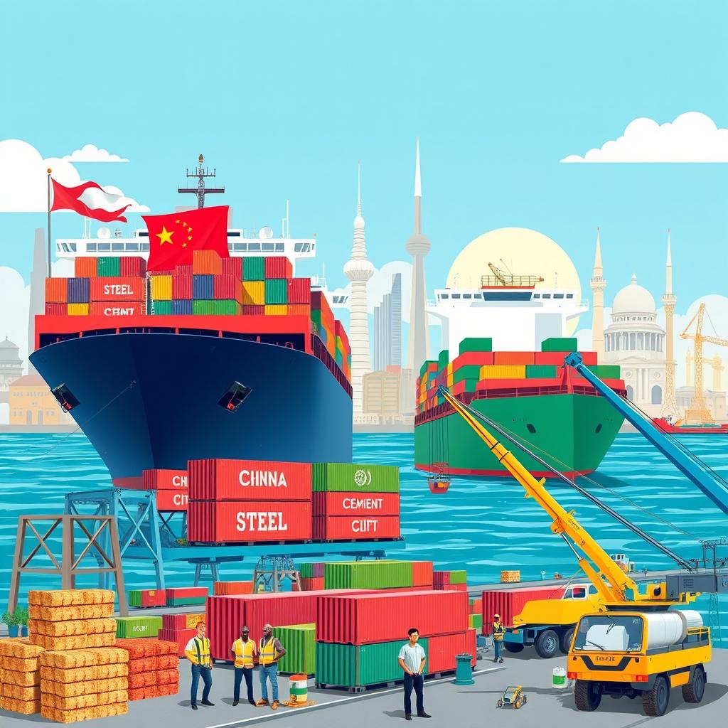 A vibrant and creative illustration depicting the shipment of building materials from China to Nigeria