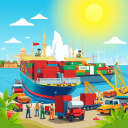 A vibrant and creative illustration depicting the shipment of building materials from China to Nigeria