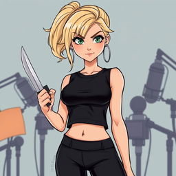 A cartoon depiction of a pretty blonde girl in her early 20s, wearing a black short sleeveless crop top and matching black yoga pants