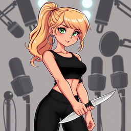 A cartoon depiction of a pretty blonde girl in her early 20s, wearing a black short sleeveless crop top and matching black yoga pants