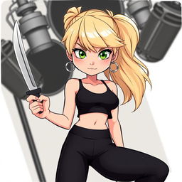 A cartoon depiction of a pretty blonde girl in her early 20s, wearing a black short sleeveless crop top and matching black yoga pants