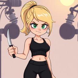 A cartoon depiction of a pretty blonde girl in her early 20s, wearing a black short sleeveless crop top and matching black yoga pants