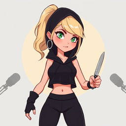 A cartoon depiction of a pretty blonde girl in her early 20s, wearing a black short sleeveless crop top, a black hood, and matching black yoga pants