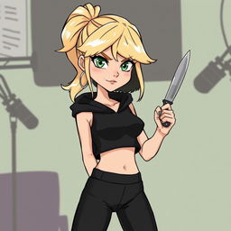 A cartoon depiction of a pretty blonde girl in her early 20s, wearing a black short sleeveless crop top, a black hood, and matching black yoga pants