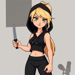 A cartoon depiction of a pretty blonde girl in her early 20s, wearing a black short sleeveless crop top, a black hood, and matching black yoga pants