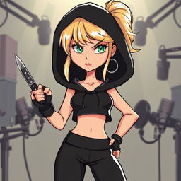 A cartoon depiction of a pretty blonde girl in her early 20s, wearing a black short sleeveless crop top, a black hood, and matching black yoga pants