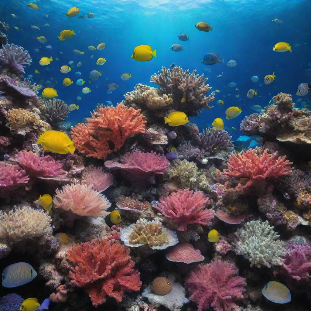 Create an image of a vibrant coral reef full of a variety of colorful tropical fish, showcasing the biodiversity of underwater ocean life in full bloom.