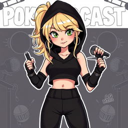 A cartoon depiction of a pretty blonde girl in her early 20s, wearing a black short sleeveless crop top, a black hood, and matching black yoga pants