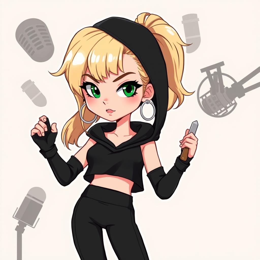 A cartoon depiction of a pretty blonde girl in her early 20s, wearing a black short sleeveless crop top, a black hood, and matching black yoga pants