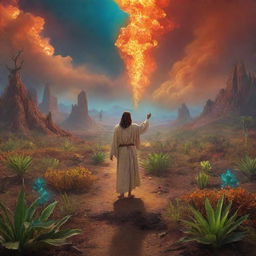 Jesus guiding the flame-augmented explorer to a bizarre, otherworldly landscape filled with luminous, ethereal plants and unique alien life-forms, thus introducing a vibrant and surreal dimension to the narrative.